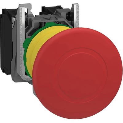 Schneider Electric paddetryk med nødstop, rød 40mm, med 1NO+1NC kontakter og grøn/gul indre mekanisme.