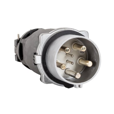 CEE stik 200A 6h IP67 3P+PE med fem robuste stikben og en 250A mærkning på en hvid baggrund.