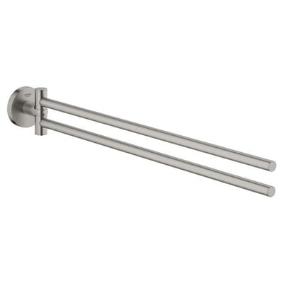 Grohe Start dobbelt svingbar håndklædeholder i Supersteel finish med 439mm bredde på en lys baggrund.