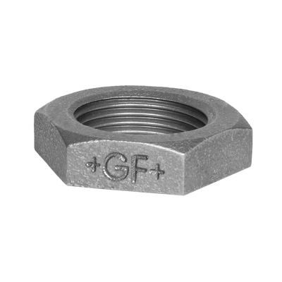 Georg Fischer kontramøtrik i sort, blødstøbt materiale med tydelig GF+ logo og indvendige gevind.