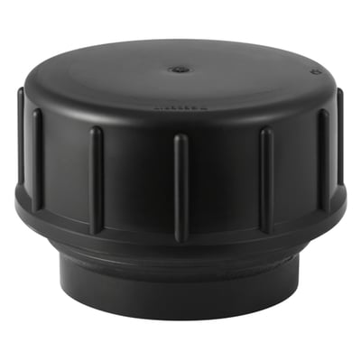Sort Geberit slutmuffe komplet i PEH med diameter på 32 mm, vist skråt forfra med ribber på siden.