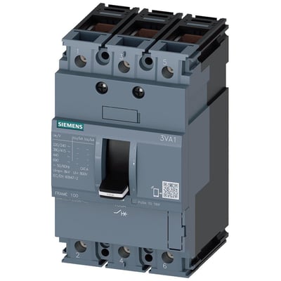 Siemens 3-polet maksimalafbryder 3VA1 med 100A mærkestrøm og 36kA brydeevne. Afbryderen har en sort betjeningshåndtag og tydelige mærkninger.