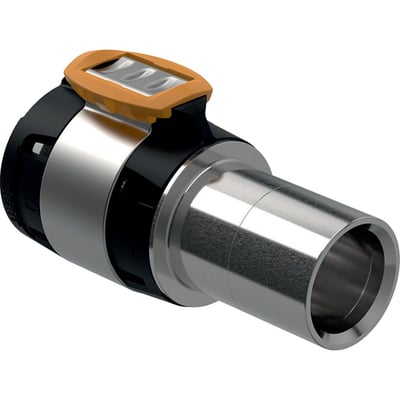 Geberit FlowFit overgang til Mapress i blank CrNiMo-stål, viser 50mm ydre og 42mm indre diameter med orange låsemekanisme.