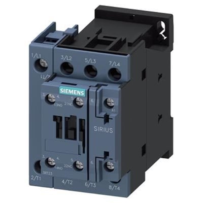 Siemens Sirius 3RT kontaktor med 4 poler, 35A og 230VAC spænding, med skrueterminaler og 1 NO + 1 NC integreret kontakt.