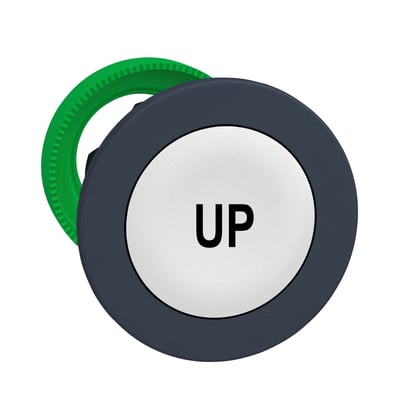 Schneider Electric Harmony XB5/ZB5 trykknaphoved i hvid med sort ''UP'' markering og en grøn monteringsring set fra front.