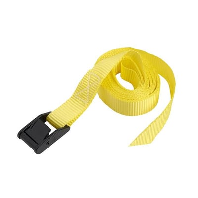 Gul Ironside kamsurring på 3 meter med 25 mm bånd og sort kvikspænde, rullet sammen.