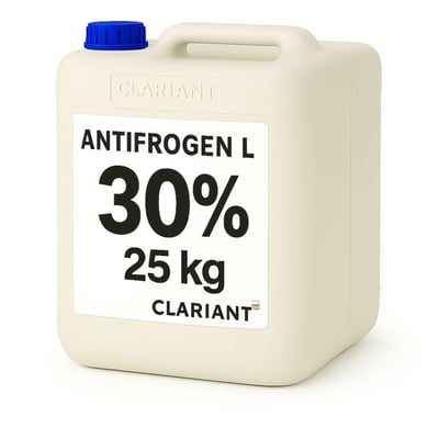 Antifrogen L-glykol, 30 % og 25 kg, i hvid dunk med blåt låg og Clariant-logo, set skråt forfra.