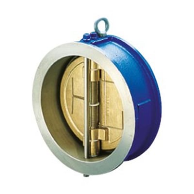 805 kontraventil i wafer-design med blå støbejernshus, messingklap og EPDM-pakning, DN100, PN16.