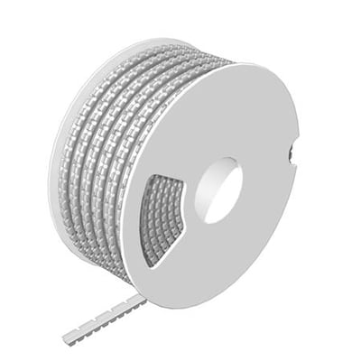 Hvidt Weidmüller-kabelmærke sfm 1/12 på rulle, beregnet til kabler med en diameter på 1,2–1,8 mm.