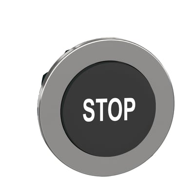 Schneider Electric Harmony XB4 flush trykknap i sort med hvidt STOP-mærke, monteret på en hvid baggrund.