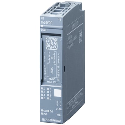 Siemens SIMATIC ET 200SP DI 16x24VDC standard digital input modul med grå plastikhus og tydelige mærkater for tilslutninger og diagnose.