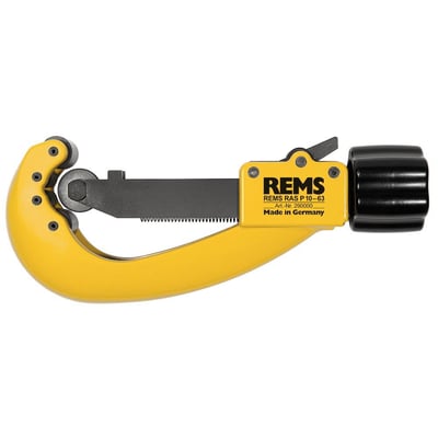 Sidevisning af Rems Ras P rørskærer, gul med sort skærehjul og et synligt Rems logo samt produktinformation.