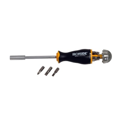 Ironside bitsskruetrækker på 220 mm med sort og orange håndtag, åbent bitmagasin og 8 bits.