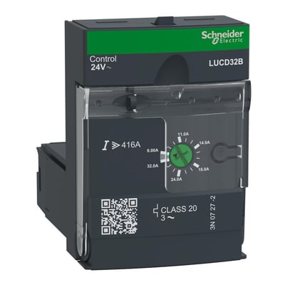 Schneider Electric TeSys Model U LUCD32B strømmodul, 8-32A, 24V, vist forfra med betjeningsskive og mærkning.