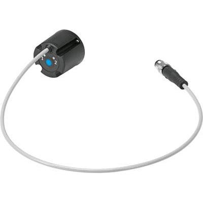 Festo positionssensor SRBS-Q12-6-E270-EP-1-S-M8 med kabel og M8-stik, sort hus med blå indikator. Produktet er vist på hvid baggrund.