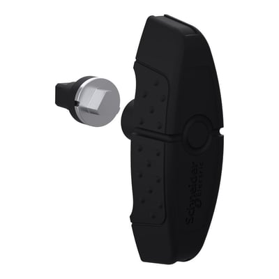 Schneider Electric låseindsats til S3D skabe med en 8 mm trekant nøgle, vist med den runde nøglecylinder adskilt fra det sorte plasthåndtag.