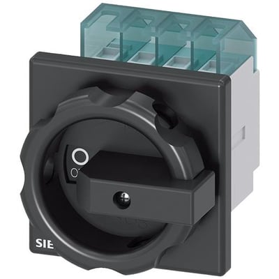 Siemens SENTRON 3LD 3-polet hovedafbryder på 16 A med sort drejegreb og synlige tilslutningsklemmer, set skråt forfra.