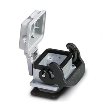 Phoenix Contact HEAVYCON indbygningshus B06 i havvandsbestandigt aluminium med gråt plastdæksel, åbent og synlig ledende profiltætning.