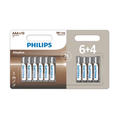Pakke med 10 stk. Philips Tech AAA LR03 alkaline batterier, 6+4 tilbud, med langvarig kraft.