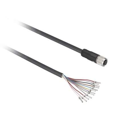 Schneider Electric PUR skærmet kabel med lige M12 hun-stik og 12 synlige ledninger med terminaler.