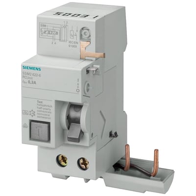 Siemens 5SM2 RC-enhed, 2-polet, 63A, 300mA type AC, med testknap og kobberterminaler til 230V installation.