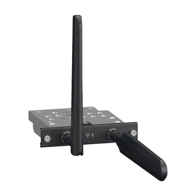 Schneider Electric 4G modem interface HMIYP6MP4GE med antenne og Bluetooth-symboler på en hvid baggrund.