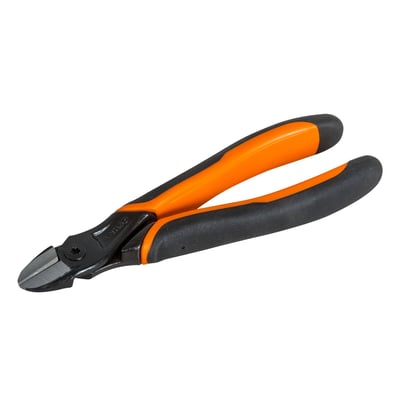 Vinklet billede af Bahco sidebidetang 2101G, 125 mm, med orange og sorte håndtag og sort metalfinish.