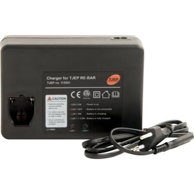 TJEP batterioplader til RE-BAR 40, vist med strømkabel og tydelig mærkning af funktioner.