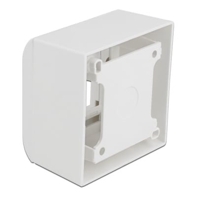 Bagside af DeLock overflademonteret hus til Easy 45 moduler, viser monteringspunkter og hvid plastkonstruktion.