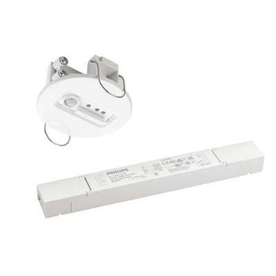 SG Connect Bridge Kit, recessed model, med en rund hvid sensorenhed og en lang hvid DALI driver.