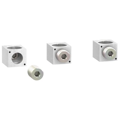 Schneider Electric klemmesæt til kobber og aluminiumsledere, 35-300mm2, viser tre forskellige vinkler af klemmen og en løs skrue.