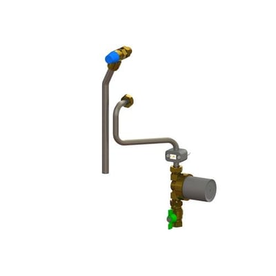 Uponor Combi Port E D cirkulationssæt med pumpe, tilslutningsrør og sikkerhedsventil set samlet.