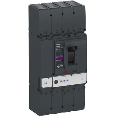 Schneider Electric maksimalafbryder ComPacT NSX400K, 4-polet med MicroLogic 2.3 relæ og 400A mærkestrøm, klar til installation på hvid baggrund.