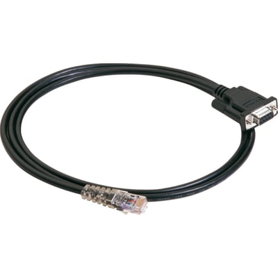 Sort Moxa RJ45-kabel til Nport-server på 1,5 meter med RJ45-stik og DB9-hun, vist sammenrullet.