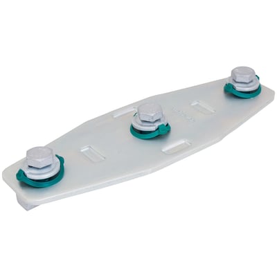 Walraven Rapidstrut X-beslag BUP monteringsbeslag med tre M10 skruer og grønne plastklemmer, fremstillet i galvaniseret stål.