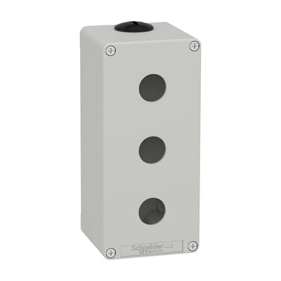 Schneider Electric Harmony XAP trykknapkasse i grå metal, model XAPD3503, med tre Ø22 mm huller og sort topkappe på hvid baggrund.