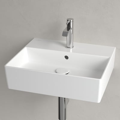 Nærbillede af Villeroy & Boch Memento 2.0 håndvaskens inderside i hvidt porcelæn, viser afløb og overløbshul.