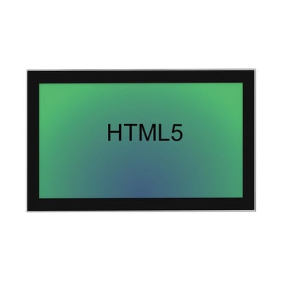 Taicenn 18,5" industriel touch skærm med 'HTML5' vist på en grøn og blå gradient baggrund på hvid baggrund.