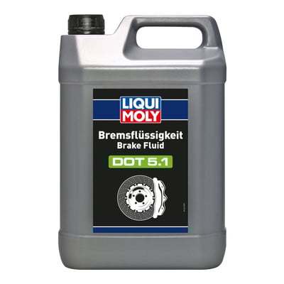 Liqui-Moly Bremsevæske DOT 5.1 5L i en grå plastikkande med hank, mærket med tydeligt DOT 5.1 symbol og bremsediskgrafik.