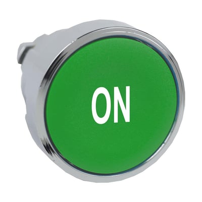 Schneider Electric plan trykknap i grøn med "ON" tekst, med en krombelagt metalfrontring og Ø 22 mm diameter.