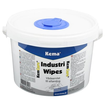 Nærbillede af Kema Industri Wipes spanden, der fremhæver produktnavn og anvendelsesområder for effektiv rengøring.