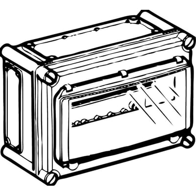 Nærbillede af bagsiden af FIBOX EK MODUL DIN-skinnekasse, der viser monteringsskruer og din-skinne i lysegrå polycarbonat.