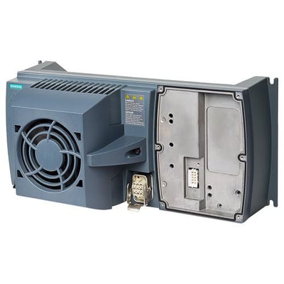 Siemens Sinamics G120D power modul PM250D, 5,5 kW, viser ventilator og monteringsplads for styrekort.