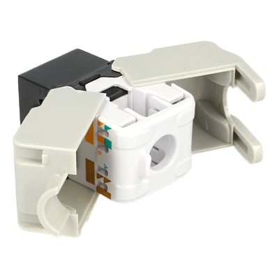 Sort Delock Keystone modul med RJ45 jack og LSA-tilslutning, Cat.6 UTP, med åbne beskyttelsesklapper.