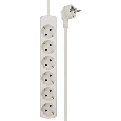 Hvid stikdåse med 6 jordede Schuko-udtag og 1,4 meter ledning, vist med vinklet stik på hvid baggrund.