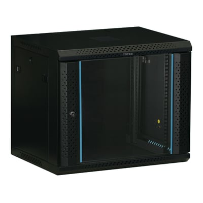 Toten 19" vægskab i sort med 9U kapacitet og 600x450mm dimensioner, udstyret med låsbar glasdør.