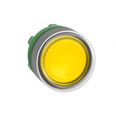 Schneider Electric ZB5 LED lampetrykhoved i gul plast med fjeder-retur og plan trykflade. Har IP69K.