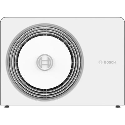Frontbillede af Bosch Compress 5800i AW 5 OR-S varmepumpens udendørsenhed med Bosch logo og stor cirkulær ventilator.