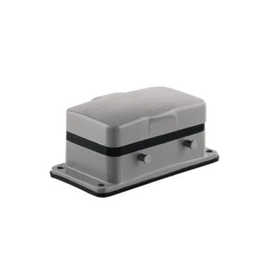 Weidmüller chassishus STR.6 med låg til HDC industristik, grå med sorte detaljer, monteret på flange.