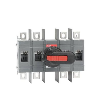 ABB 4-polet lastafbryder på 250A til bundmontering, vist med sort ON/OFF håndtag og røde indikatorer.